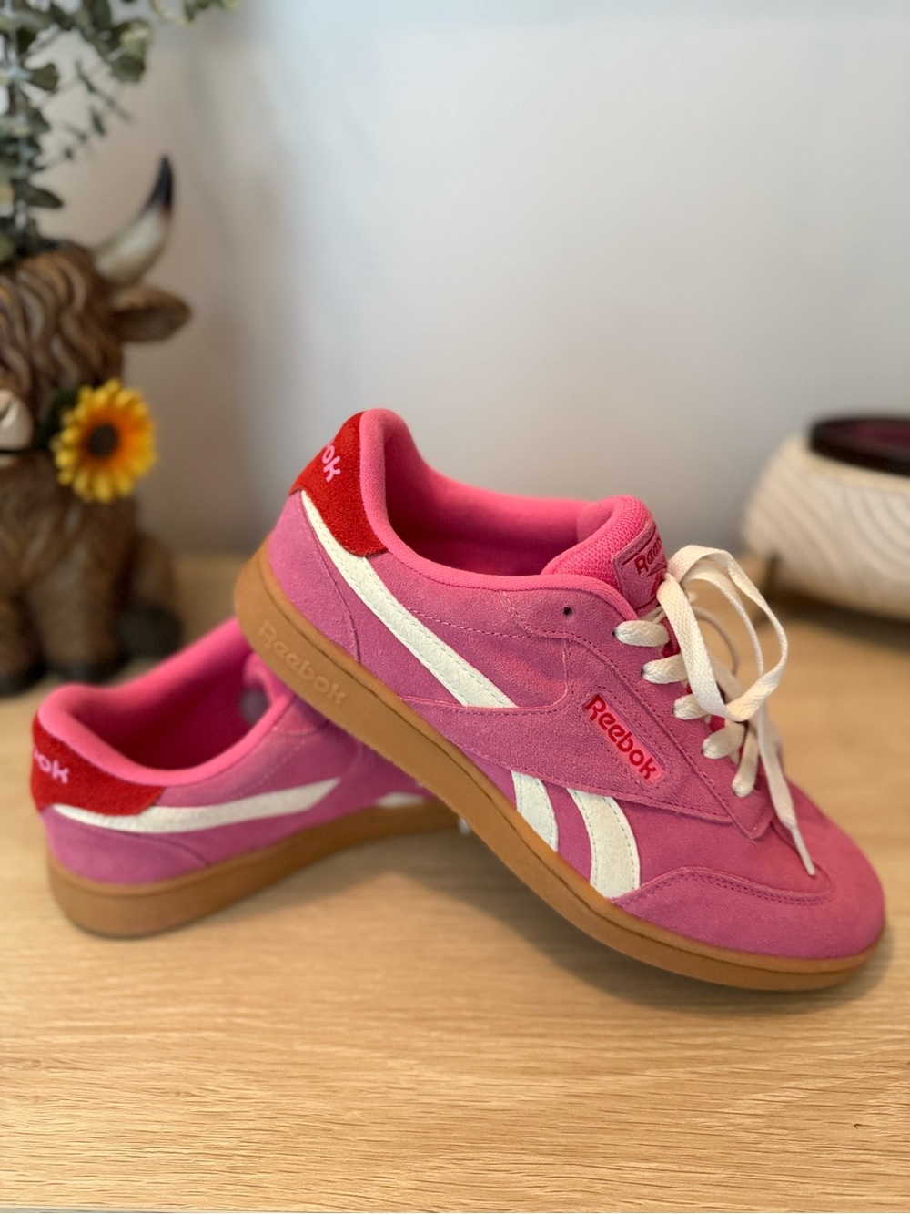 Reebok Pink Suede Sneakers with White Stripes and Gum Sole
